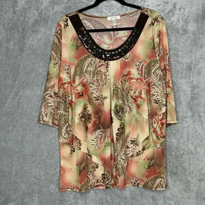 Dressbarn 22 24 2X Shirt Top Green Red Paisley 3/4 Sleeve Scoop Neck Embellished